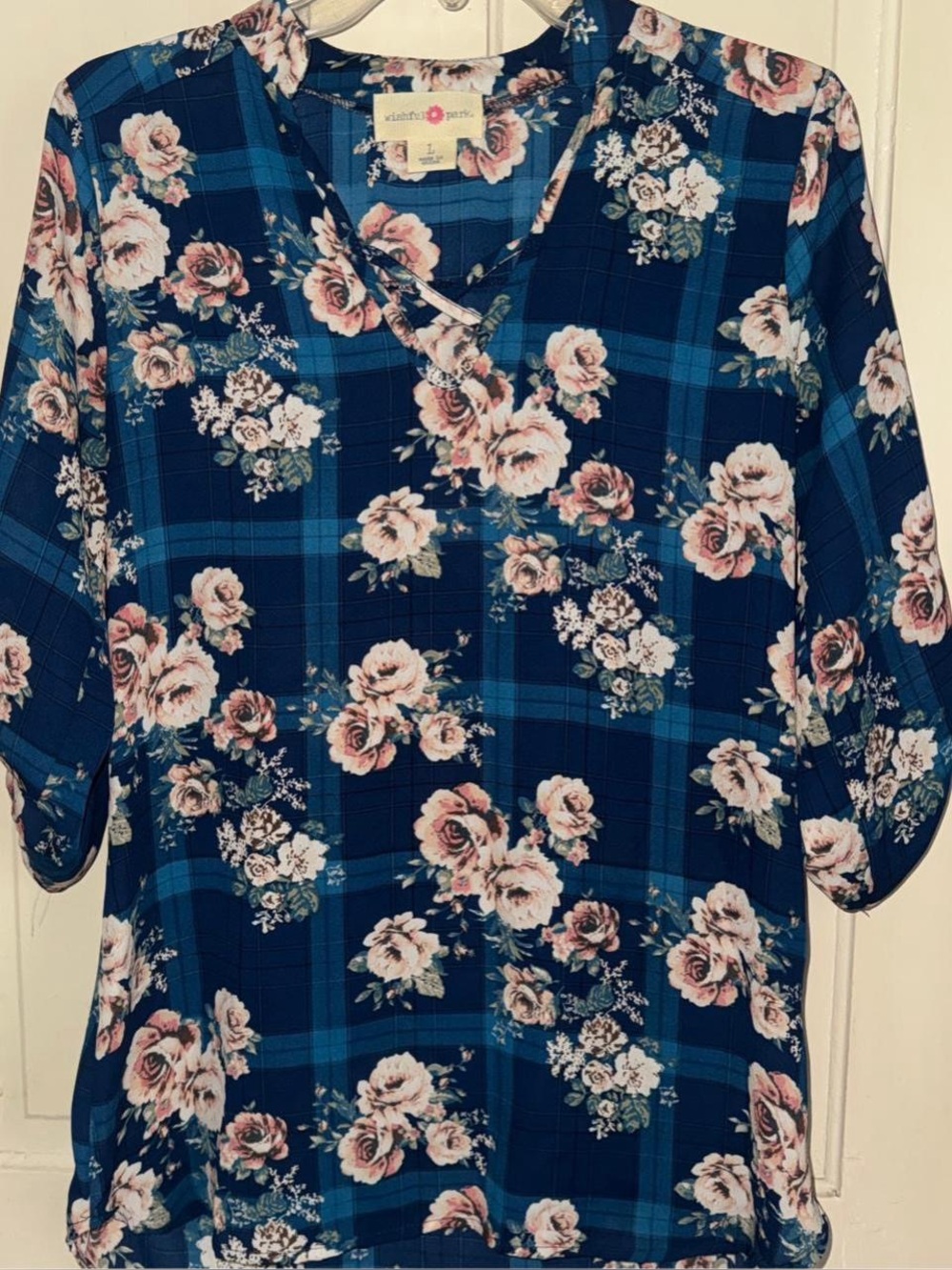 Wishful Park Blue Plaid Floral V-Neck Blouse